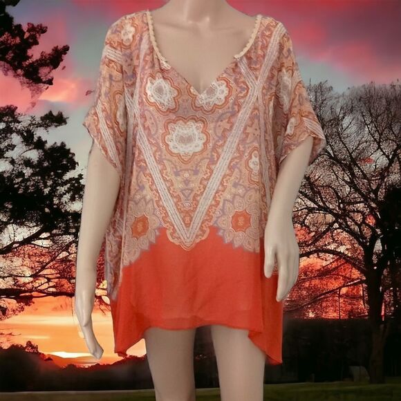 Maeve Anthropologie Silk Blouse L Nalina Handkerchief Kimono Flowy Bohemian Rust - Picture 11 of 16